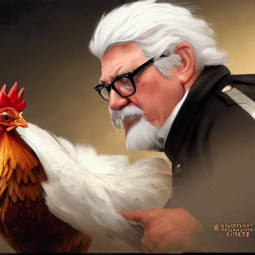 Prompt: closeup of Colonel Sanders petting a a chicken, modern setting, intricate, elegant, highly detailed, digital painting, artstation, concept art, matte, sharp focus, illustration, hearthstone, art by Artgerm and Greg Rutkowski and Alphonse Mucha