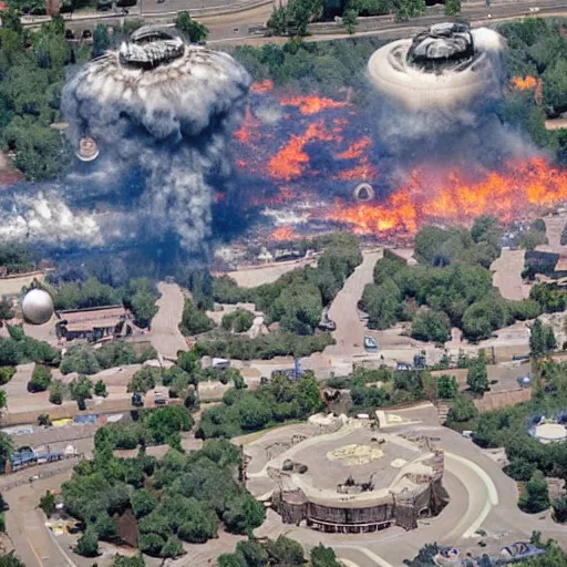 Prompt: aerial image of disney land ln fire alien invasion