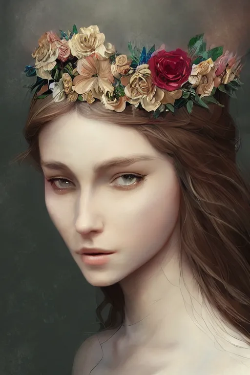 Prompt: beautiful maiden wearing a floral headband, intricate, elegant, highly detailed, digital painting, artstation, concept art, smooth, sharp focus, illustration, art by WlOP