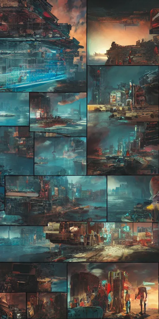 Prompt: full page comic book drawings of cyberpunk apocalyptic underwater ocean scenes, bold color palette, high contrast, by carel willink, comic book panels, octane render, simon bisley
