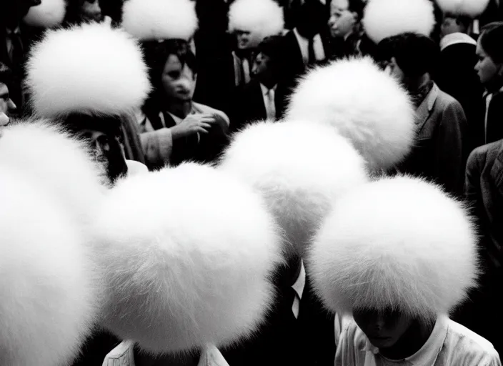 Prompt: realistic documentary photo of a a group of people wearing white fluffy short, spherical heads 1 9 9 0, life magazine reportage photo, neutral colors, neutral lighting