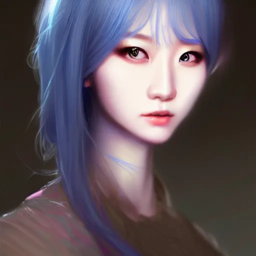 Prompt: Portrait of female Korean idol, D&D, blue eyes, face, fantasy, intricate, elegant, highly detailed, digital painting, artstation, concept art, smooth, sharp focus, illustration