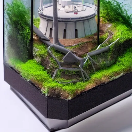 Image similar to a terrarium with a nuclear power plant diorama inside on top of a minimalist table, lit from the side