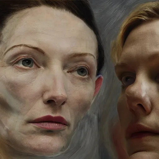 Prompt: high quality high detail painting by lucian freud, hd, cate blanchette thinking deeply, photorealistic lighting