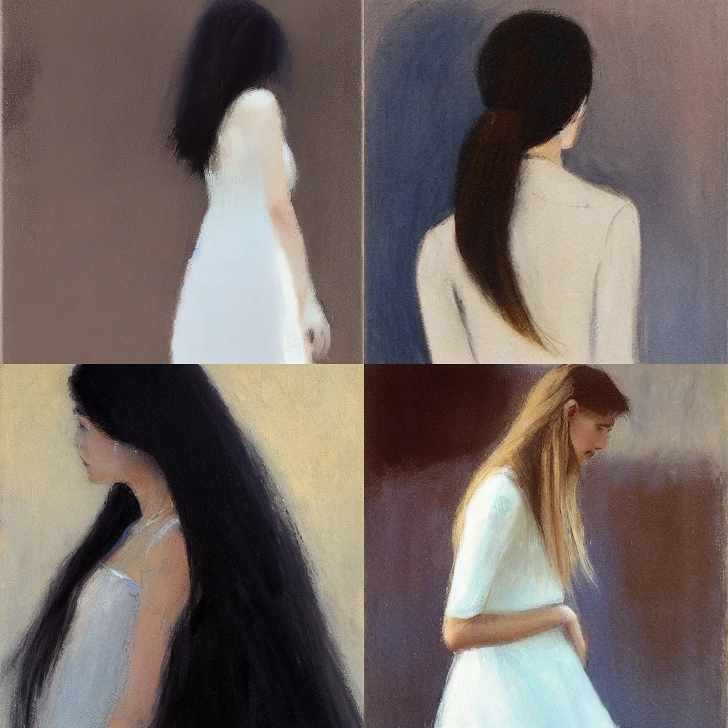 Prompt: girl with long hair, profile, white dress, by dan mccaw