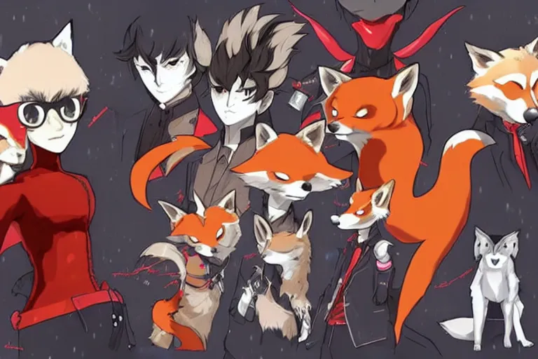 Image similar to a furry tan male fox on a persona 5 : royal ( by atlus ) video game splash screen, a furry male sandcolored tan fox fursona ( has hair ), persona 5 phantom thief style