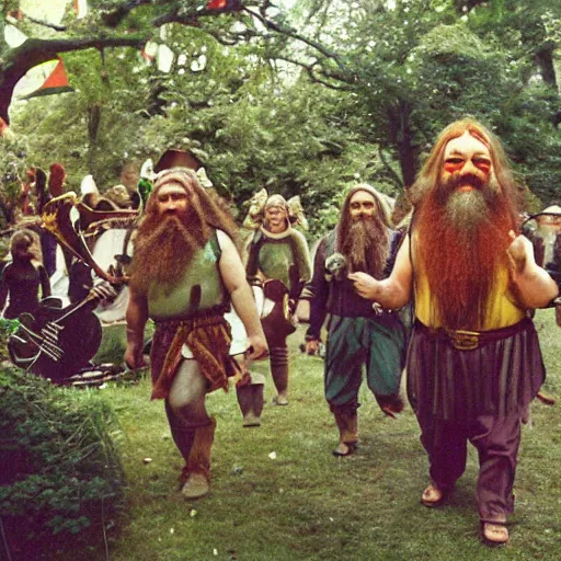 Image similar to a beatiful dwarven festival in 1974 in a fertile green park with surreal elven nature, a gnome rock band concert and dwarven BBQ