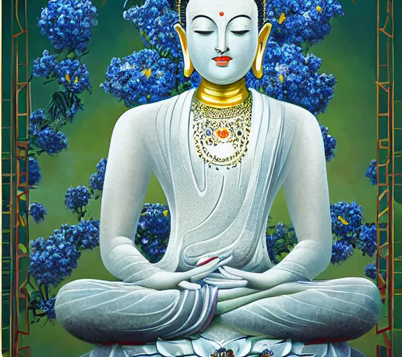 Image similar to breathtaking detailed concept art painting art deco pattern a beautiful buddha with pale skin on sitted on an intricate metal throne, hands pressed together in bow, light - blue flowers with kind piercing eyes and blend of flowers and birds, by hsiao - ron cheng and john james audubon, bizarre compositions, exquisite detail, extremely moody lighting, 8 k h 1 0 2 4