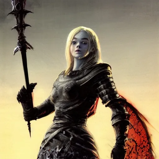 Prompt: ultra realistic medium shot portrait painting of elle fanning in dark souls, art by frank frazetta, 4 k, ultra realistic, highly detailed, epic lighting