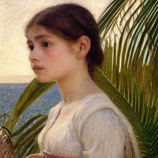 Image similar to a ultradetailed beautiful painting of a girl in the amazonas palace balustrade designed by jules bastien - lepage, tarsila do amaral, frank weston and gustave baumann, beach, trending on artstation, mediterranean, palm trees, hyper detailed face, sharp focus, soft light, 8 k 4 k