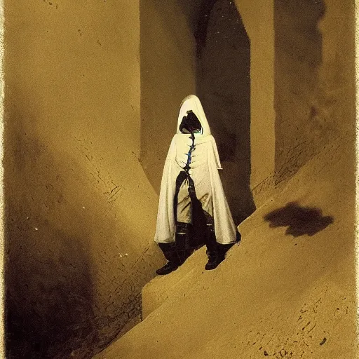 Image similar to portrait of a small pale cowardly man wearing dark hood, fantasy artwork, frightened look, high fantasy, by karl spitzweg