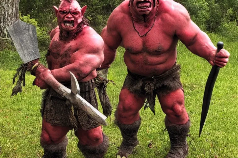 Image similar to a red - skinned orc holding a large battleaxe