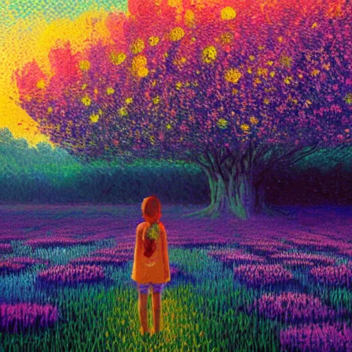 Prompt: girl made of flowers, standing in a flower field, big trees, sunrise dramatic light, impressionist painting, colorful clouds, digital painting, pointillism, artstation, simon stalenhag