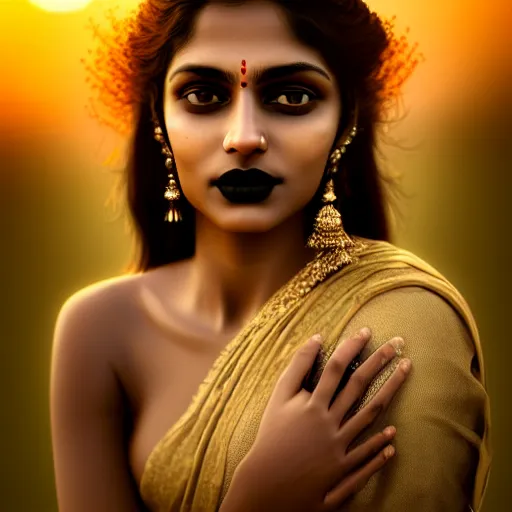 Image similar to photographic portrait of a stunningly beautiful gothic south indian female in soft dreamy light at sunset, contemporary fashion shoot, by edward robert hughes, annie leibovitz and steve mccurry, david lazar, jimmy nelsson, breathtaking, 8 k resolution, extremely detailed, beautiful, establishing shot, artistic, hyperrealistic, beautiful face, octane render