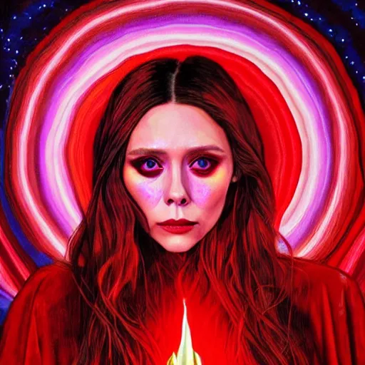 Prompt: a psychedelic painting of elizabeth olsen in a red wizards robe casting an evil spell, detailed face, red swirls, ominous lighting, night time, high quality