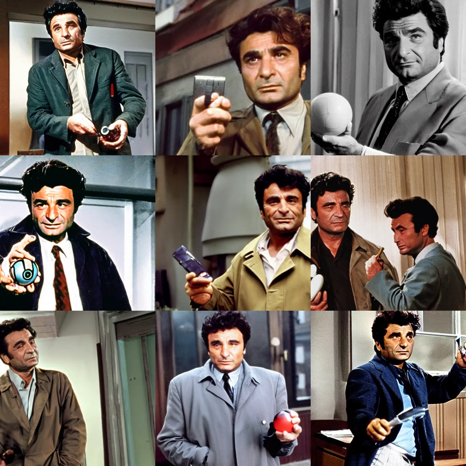 Prompt: a young peter falk as police detective columbo in his messy trenchcoat, smirking, holding a pokeball, colorized