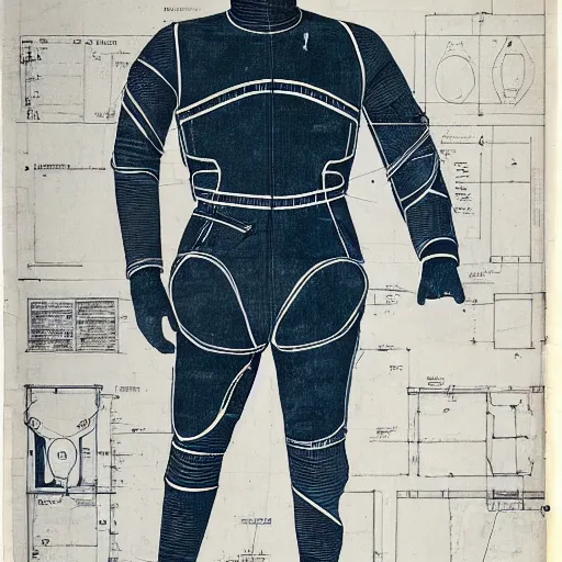 Prompt: blueprint of an armoured diving suit