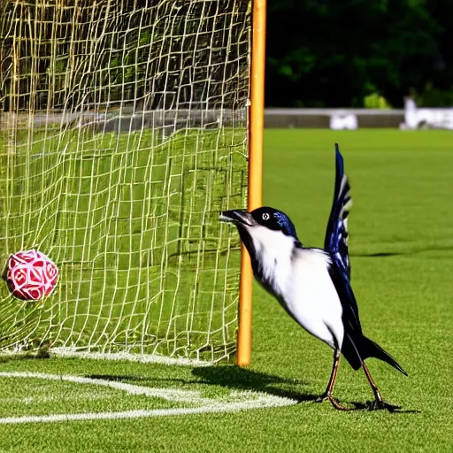 Prompt: Photo of a bird with joyful expressions scoring a decisive goal on another bird as a goalkeeper