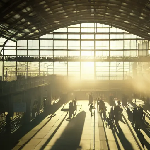 Image similar to an cavernous and expansive train terminal, sun rays coming in through windows, smoky and dusty air, people in a train station, photograph by hal morey, featured on cg society, light and space, volumetric lighting, matte drawing, cinematic, moody, dramatic, global illumination