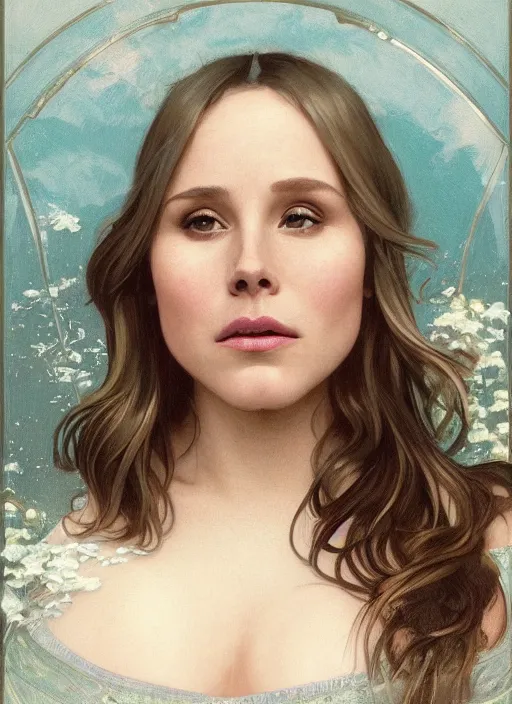 Image similar to beautiful portrait of fat chubby chonky jiggly thick kristen bell, soft features, by magali villeneuve and greg rutkowski and artgerm and alphonse mucha and jeremy lipkin and rob hay, intricate, elegant, highly detailed, photorealistic, trending on artstation, trending on cgsociety, 8 k, sharp focus