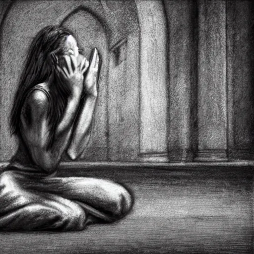 Image similar to a woman on her knees with her face in her hands in the middle of a dilapidated church, charcoal background, photo realistic woman