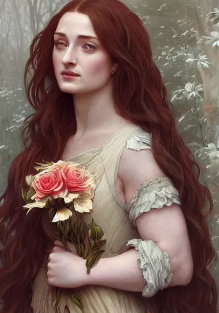 Image similar to portrait of sansa stark with roses in her long hair, intricate, elegant, highly detailed, digital painting, artstation, concept art, smooth, sharp focus, illustration, art by artgerm and greg rutkowski and alphonse mucha and william - adolphe bouguereau