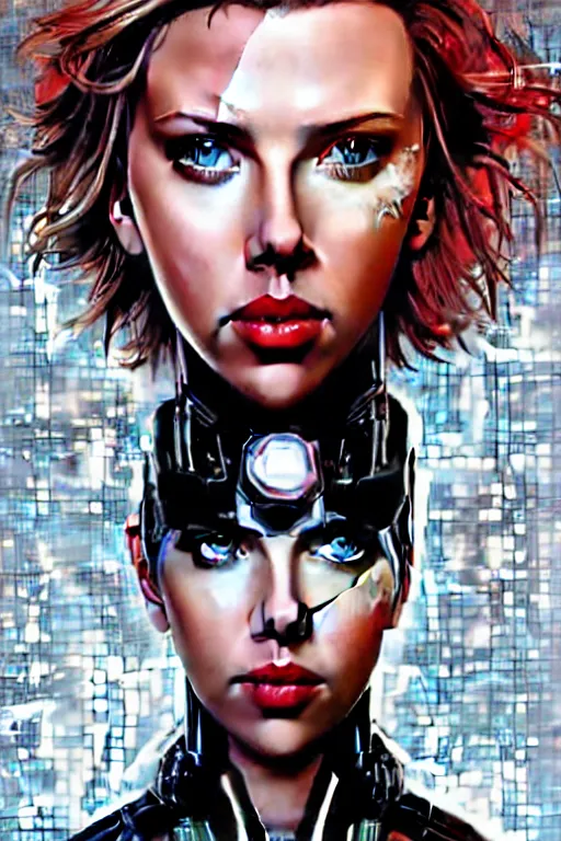 Image similar to a portrait of a beautiful cybernetically enhanced scarlett johansson, by marvel comics and sandra chevrier