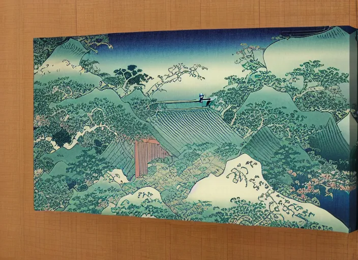 Image similar to dreamlike onsen with beautiful scenery in Japan, flowy lush garden, intricate complexity, multiversal waves by Hokusai, printed on rgb reflective chrome canvas