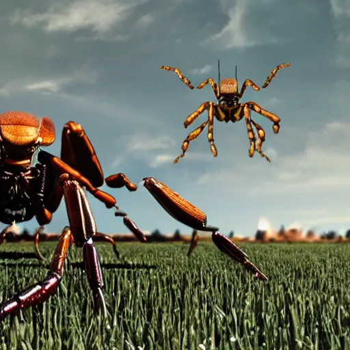 Image similar to a mechanical scorpion in a field surrounded by nanobots