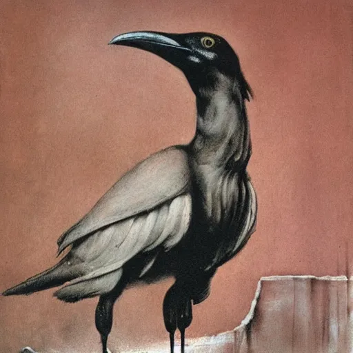 Image similar to illustration of a muscular crow by stephen gammell, francis bacon, masterpiece oil on canvas