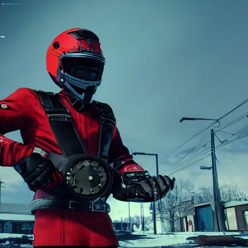 prompthunt: Man wearing dark racing helmet with cracked visor, red hockey  pads, snowboots, leather jacket, black leather gloves, firing a comically  large minigun, in destroyed, abandoned, vibrant, suburban neighborhood.  high quality, unreal