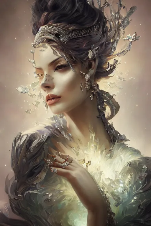 Image similar to beautifulmodel face covered with diamonds wearing crystals, diamonds, angel, fantasy, dramatic lighting, highly detailed, digital painting, magic the gathering, hyper detailed, 3 d render, hyper realistic detailed portrait, peter mohrbacher, wlop, ruan jia
