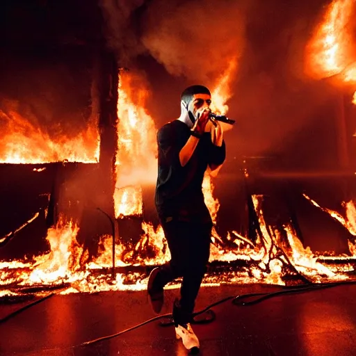 Image similar to drake performing in a burning building, realistic