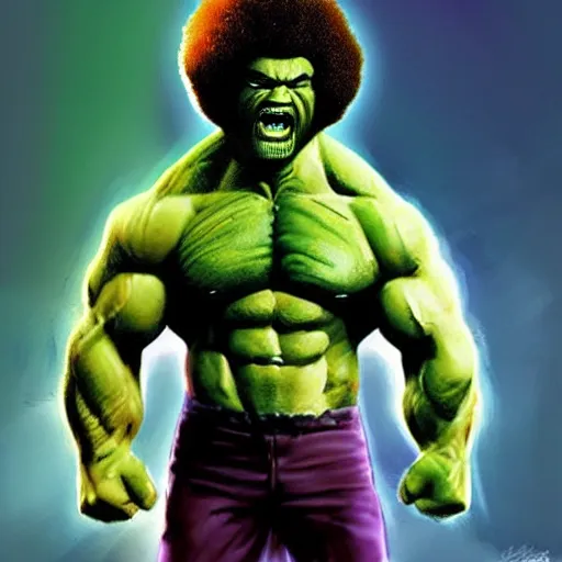 Prompt: photomanipulation of BOB ROSS as hulk, marvel