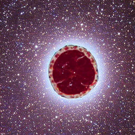 Prompt: A star that looks like a small single round slice of salami, satellite view