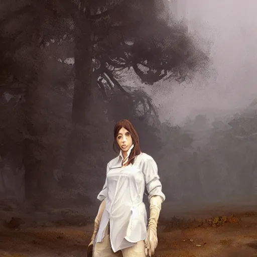 Prompt: a woman wearing a white blouse with short sleeves and hobo gloves, Matte painting , detailed painting, greg rutkowski