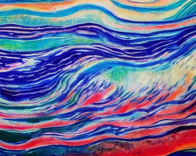 Image similar to Ocean waves in a psychedelic dream world. DMT. Landscape painting by Edvard Munch.