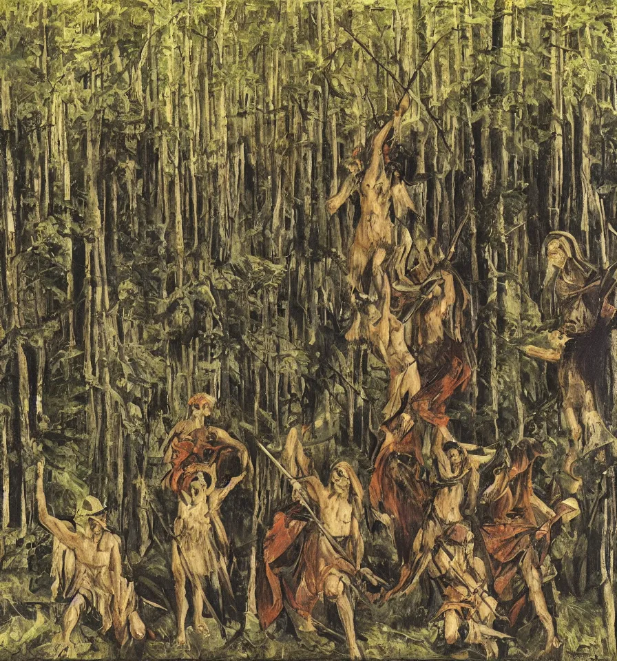 Image similar to four warrior angels lost in a forest painted by akseli gallen and ivanov vsevolod