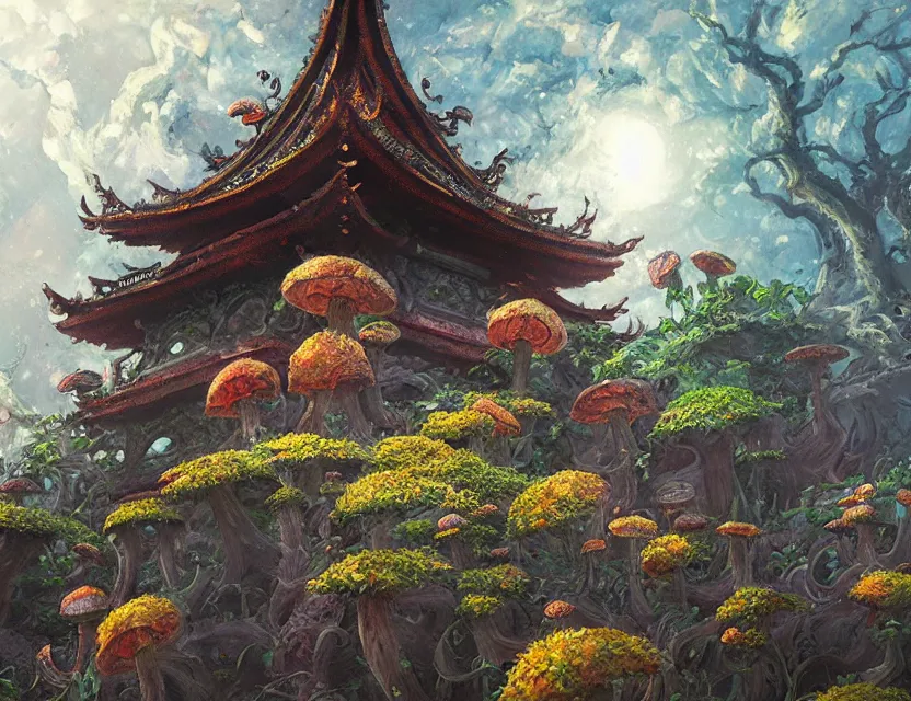 Prompt: fungus temple. oil painting by award - winning mangaka, bloom, chiaroscuro, backlighting, intricate details, depth of field.