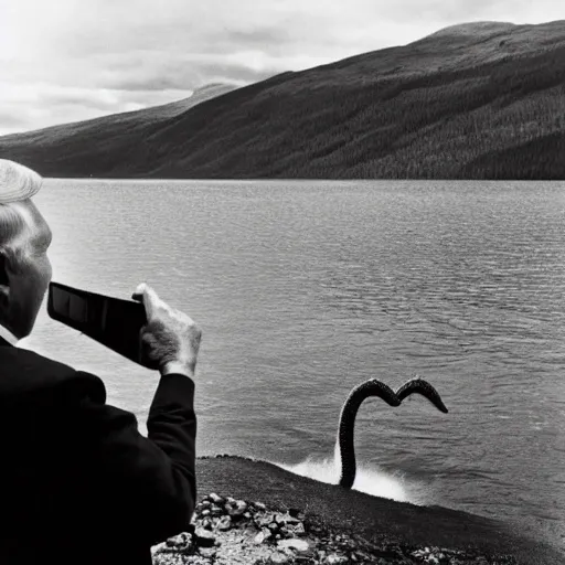 Image similar to Sir David Attenborough at a lake, looking at the Loch Ness Monster Nessie