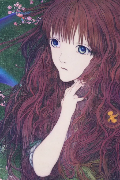 Prompt: pre-raphaelite cute anime girl with dark rainbow, blurred detail, photo by Annie Leibovitz, Katsuya Terada