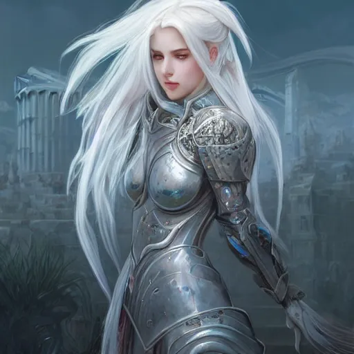 Image similar to portrait white hair knights of Zodiac girl, Sliver ice color reflected armor, in ruined Agora of Athens Sunrise, ssci-fi and fantasy, intricate and very very beautiful and elegant, highly detailed, digital painting, artstation, concept art, smooth and sharp focus, illustration, art by tian zi and WLOP and alphonse mucha