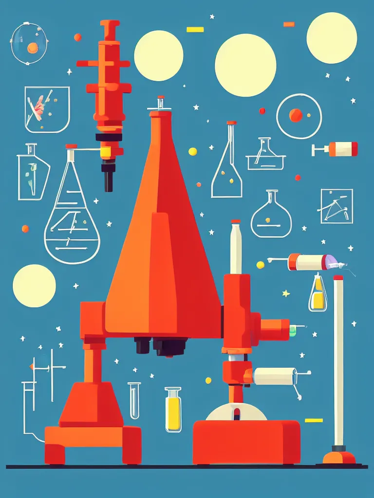 Image similar to editorial illustration scientific lab test tube telescope microscope spaceship, colorful modern, mads berg