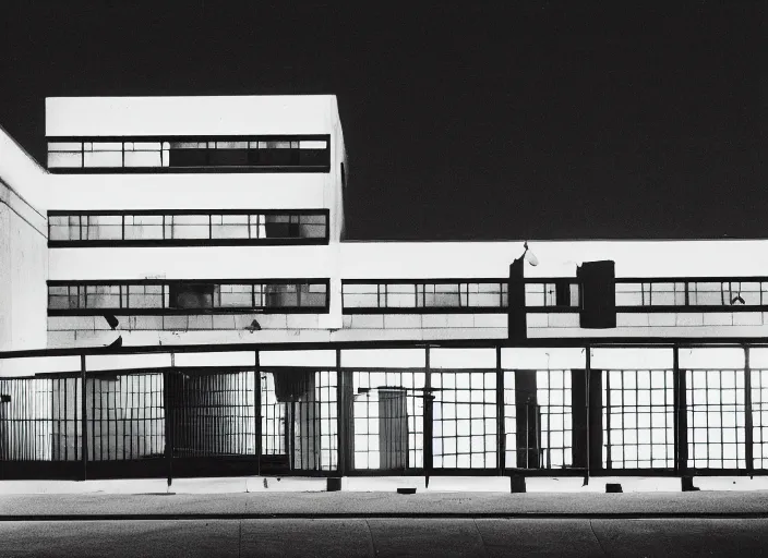 Image similar to a building seen from a dark parking lot in los angeles at night. 1 9 9 0 urban photography