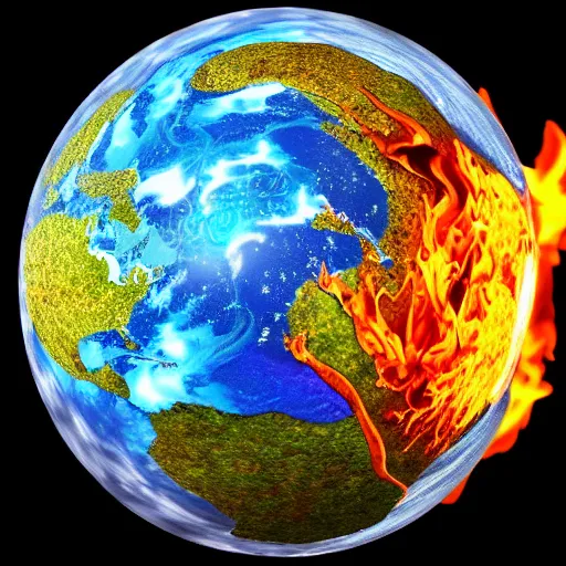 Prompt: water, fire, earth and air in one element, swirling around in a sphere, amazing detail, ray tracing