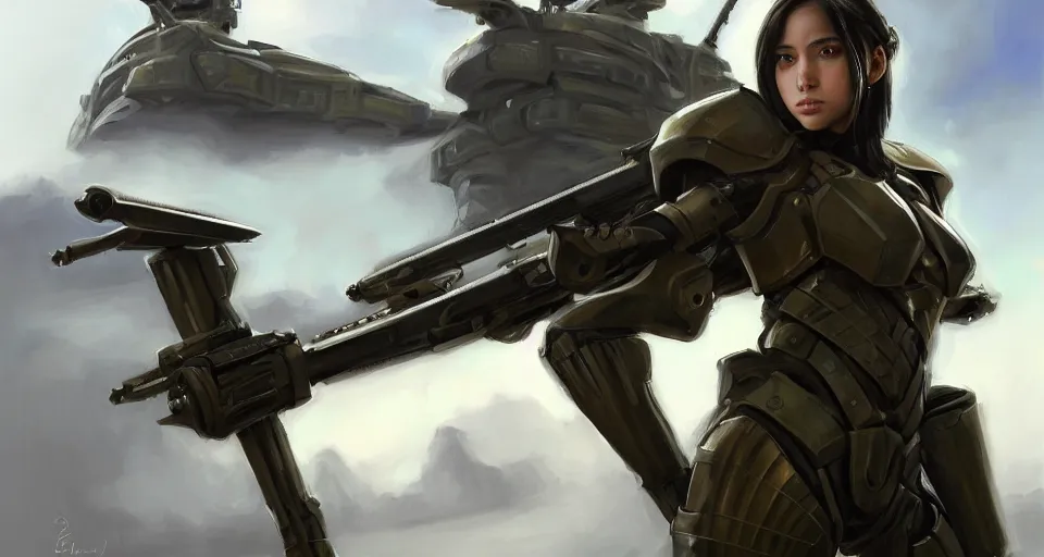 Image similar to a photorealistic painting of an attractive young warrior girl, clothed in stealth-battle armor with a giant sci-fi sniper rifle in her hands, olive skin, long dark hair, beautiful bone structure, symmetrical face, perfect eyes, a futuristic hover-tank with heavy laser-turret in the background, intricate details, elegant, digital painting, illustration, sharp focus, minimal artifacts, from Metal Gear, in the style of Ruan Jia and Mandy Jurgens and Greg Rutkowski, trending on Artstation, award winning, unreal engine, octane render