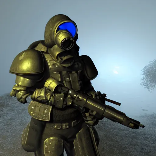 Image similar to a heavily armored soldier wearing a gasmask, glowing blue eyes, in source engine