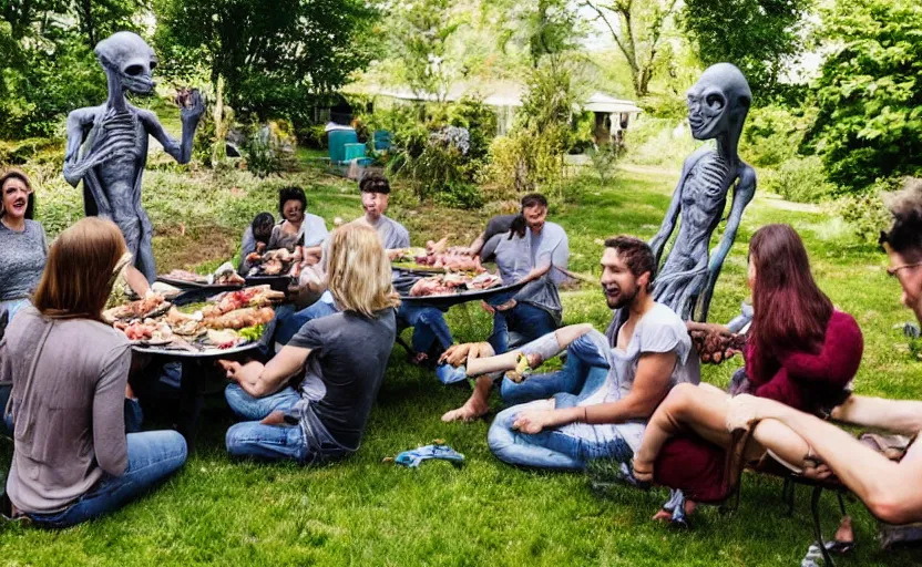 Image similar to a small group of friends having a bbq with a grey alien at the backgarden of a detroit house