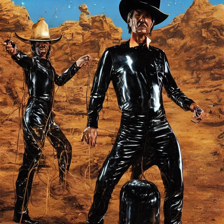 Image similar to 1 9 7 0's spaghetti western film octane render portrait by wayne barlow and carlo crivelli and glenn fabry, a man wearing a shiny black latex suit and cowboy hat covered in colorful slime, standing in a scenic western landscape, cinema 4 d, ray traced lighting, very short depth of field, bokeh