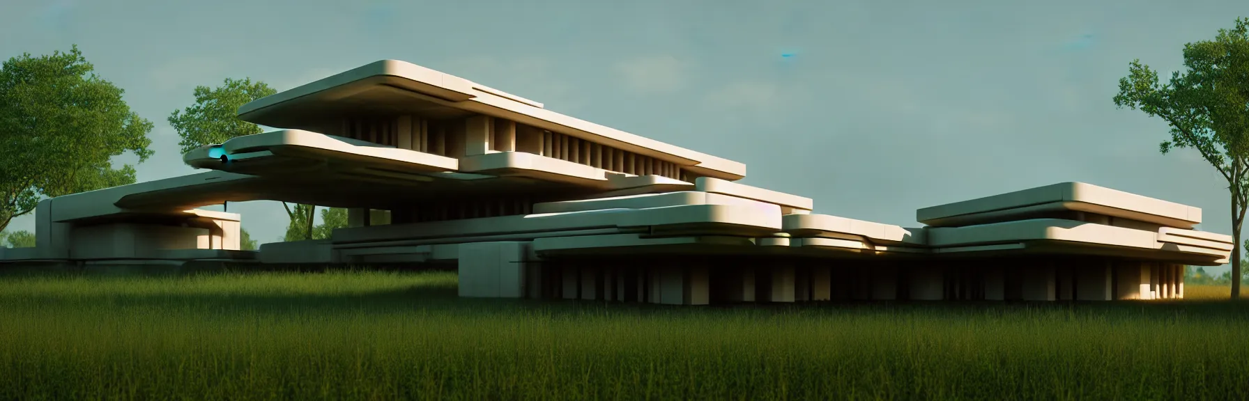 Image similar to futuristic rural architectural masterpiece by frank Lloyd wright and Zaha hadid, detailed, octane render, photo realism, 3D, ray tracing, photo realism